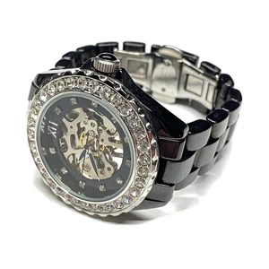 Rare ADRIENNE 44mm Watch Black CERAMIC SKELETON CRYSTAL Bezel Windup - RUNS - Picture 1 of 6