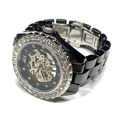 Rare ADRIENNE 44mm Watch Black CERAMIC SKELETON CRYSTAL Bezel Windup - RUNS - Image 1 of 4