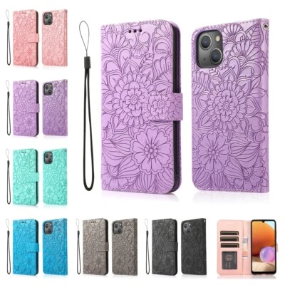 For iPhone 17 Pro Max 16 15 14 13 12 Leather Wallet Phone Case Embossing Flower - Image 1 of 4