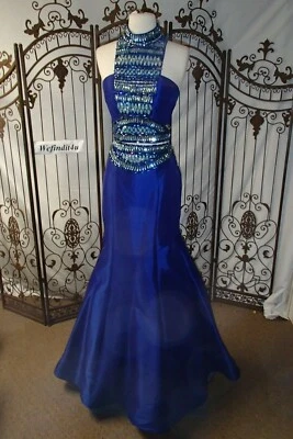 VESTIDO FORMAL W219 RACHEL ALLAN AZUL TALLA 4 $399 NEGRO CORBATA GRADUACIÓN Foto 1 de 4