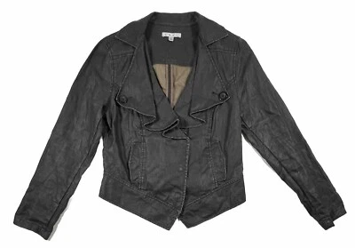 CABI Womens M Black Waxed Linen Moto Jacket Ruffle Collar Zip Front Chic EUC - Image 1 of 4
