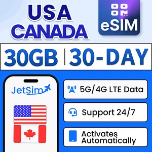 USA i Kanada eSIM 30GB High-Speed, 30-dniowy T-Mobile i Verizon JetSim / Travel SIM - Zdjęcie 1 z 6