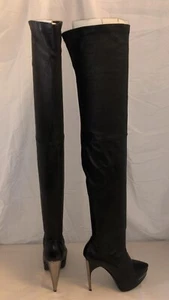 38/8❤️LANVIN MADE ITALY Black Stretch Leather Over Knee HIGH HEELS Thigh BOOTS - Picture 1 of 13