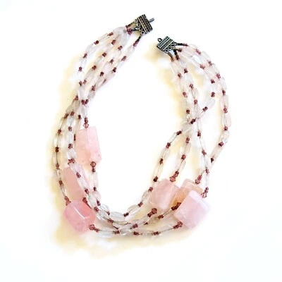 Rose Quartz Beaded stone NECKLACE Vtg Garnet Natural Sterling Silver multi 14" - Image 1 of 4