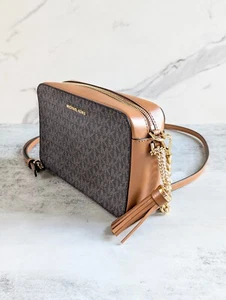 Michael Kors Jet Set Medium Crossbody Bag Purse Brown Signature MK Logo NWT - Picture 1 of 11