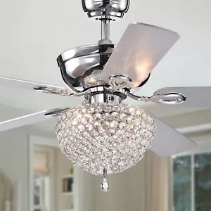 Swarna Chrome 52-inch Lighted Ceiling Fan Crystal Bowl Chandelier Remote Control - Picture 1 of 5