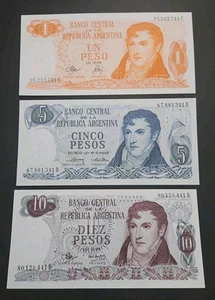 Argentina 1970-1973 3 Note Set 1, 5,10 Peso  UNC Banknotes   - Picture 1 of 2