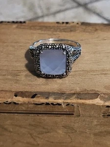 Anello Vintage QVC Argento Sterling Sfaccettato Taglio Cuscino Grigio Calcedonio Marcasite - Foto 1 di 15