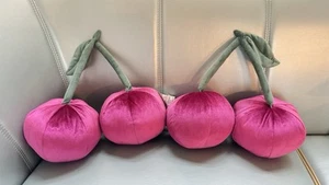 2 Pc Velvet Cherry Fruit Pillows-Fuschia Purple Red-Green-Retro Pair - Picture 1 of 3