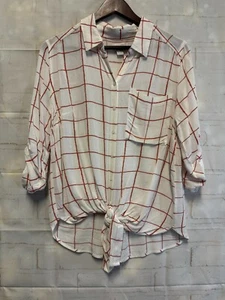 VIXBE Hemd mit Knopfleiste Damen M rot elfenbein kariert Viskose Rollriegel Ärmel Knoten vorne - Bild 1 von 10