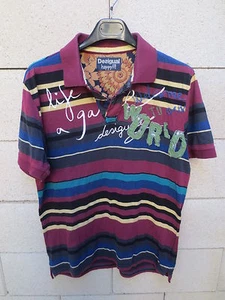 Polo UNIGUAL welcome to our world burgundy blue striped shirt L - Picture 1 of 4