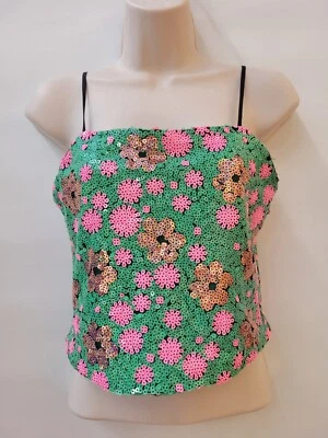 TOPSHOP  Summer FESTIVAL Green Pink Sequin crop tank top vest UK6 ❤ - Image 1 of 4