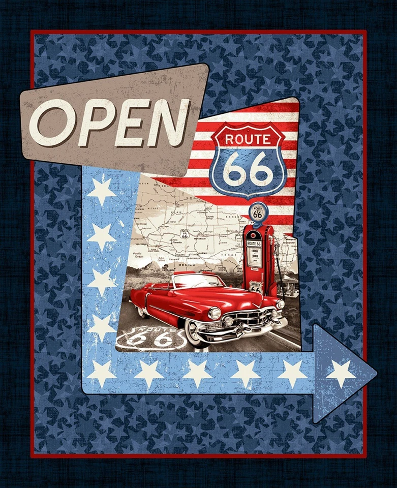 34" Fabric Panel | Studio E All American Road Trip Antique Car Route 66 Travel - Image 1 of 1