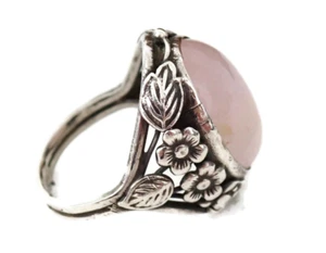 Anello antico Art Deco cabochon quarzo rosa sterling con cornice floreale misura 6 1/2 - Foto 1 di 11
