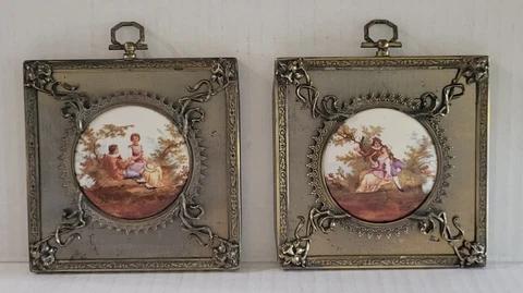 Vintage French Courting Couple ~ Painted Porcelain Framed Wall Art - Pair 💞 Cover