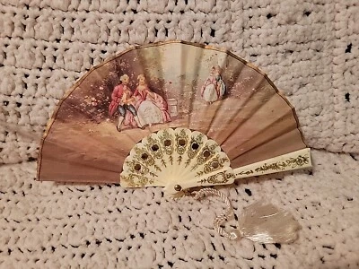 复古古董西班牙手扇布扇带板臂,维多利亚风格 — 第 1/4 张图片