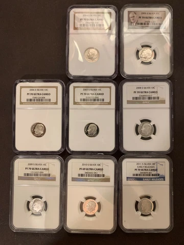 2004-2011 Silver Dime Lot Proof Set NGC Perfect PF70 Ultra Cameo Roosevelt Cover