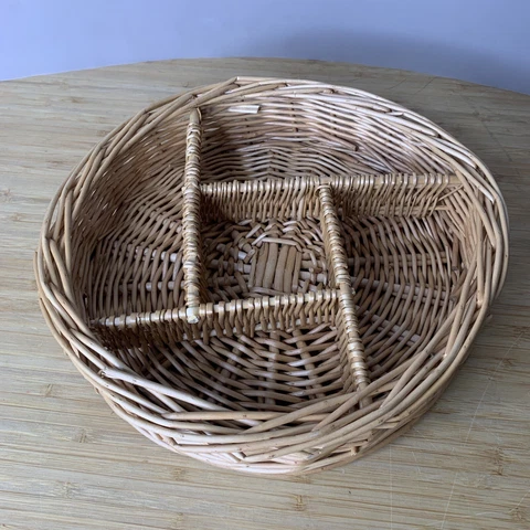 Vintage Round Wicker Divided Boho Style Vanity Tray 5 Compartments 10" Diameter Cover
