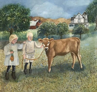 ACUARELA 14x14 ARTE ORIGINAL Enmarcado Granja Noruego Gemelo Impresionismo Paisaje Foto 1 de 4