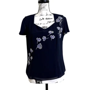 Jacques Vert Bluse Kurzarm Oberteil Blumenstickerei Marineblau Damengröße 10 - Bild 1 von 9