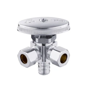 EFIELD 1/2" PEX Crimp x 3/8" ODx 3/8" OD Compr.Dual Angle Stop Valve Multi Turn - Picture 1 of 6