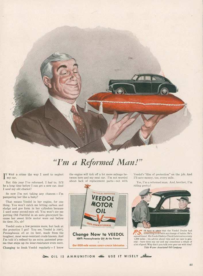 1942 Veedol Motor Oil Car Model On Pillow Pamper PA Smiling Man Vtg Print Ad L24 - Image 1 of 1