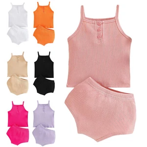 Baby Boys Girls Ribbed Knit Pajama Homewear Spaghetti Strap Top with Shorts - Picture 1 of 33