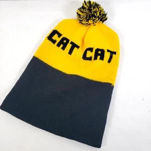 Vintage CAT Caterpillar Pom Pom Beanie Stocking Cap Winter Hat Yellow Black 1 Sz - Picture 1 of 3