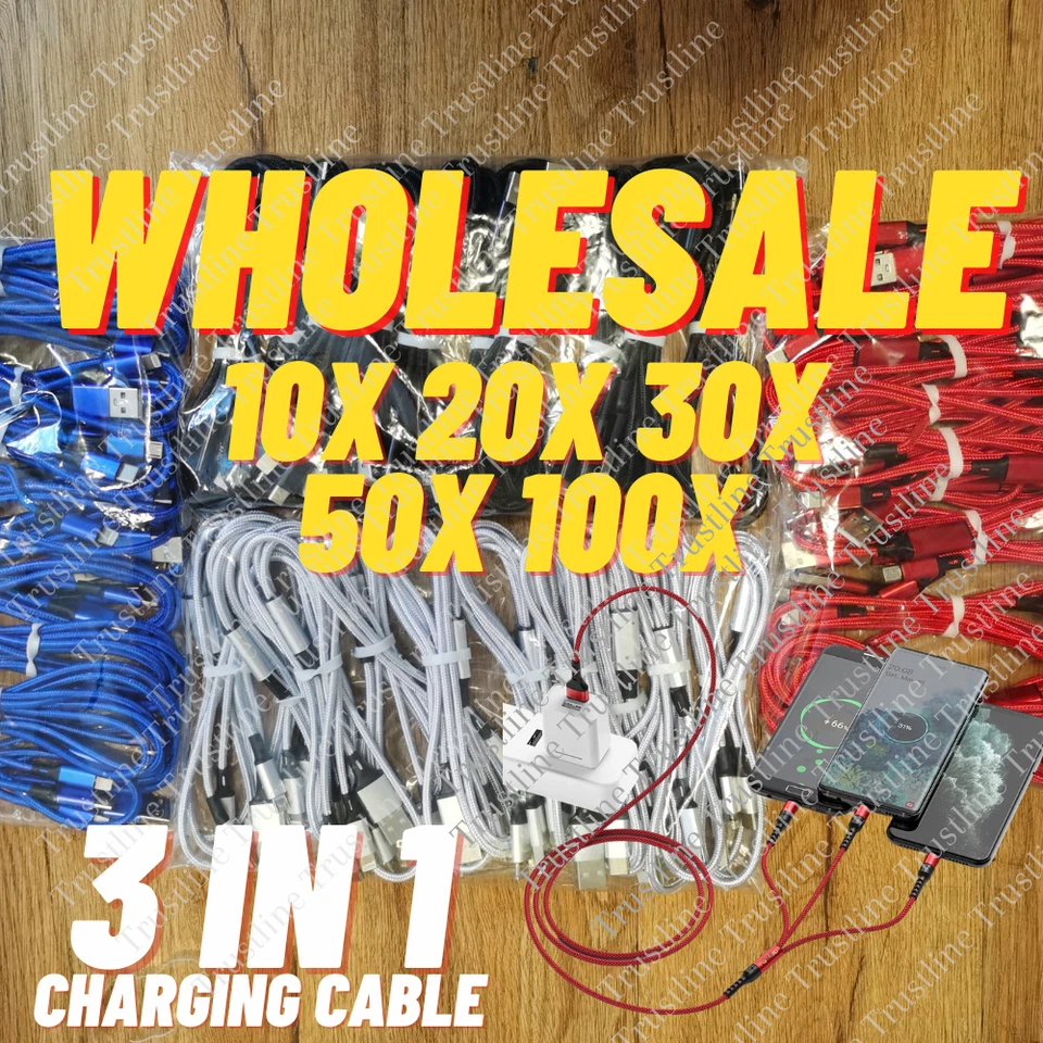 Wholesale 3A Fast Charging Cable 3 in 1 Charger Cord For iPhone USB-C Micro USB - Image 1 of 4