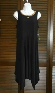 MSK Asymmetrical Hem Black Dress, Braided Gold Round Neckline, Sleeveless, M NWT - Picture 1 of 10