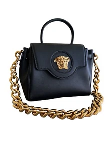 Versace La Medusa Shoulder Bag Black Leather Size Medium Chain Top Handle Bag - Picture 1 of 17