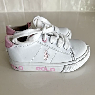 Polo Ralph Lauren Leather Sneakers Toddler Girl 5 White Lace-up Pink Pony - Image 1 of 4