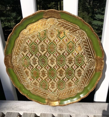 Bandeja Florentina Italiana MCM De Colección Oro Verde Dorado Florencia Italia Madera Foto 1 de 4