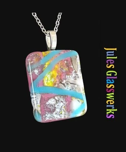 Hand Crafted   Fused Glass  Pendant Necklace W/ Chain #1608 - Picture 1 of 4