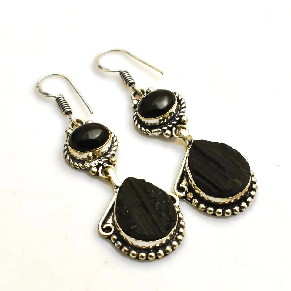 Pendientes colgantes colgantes de turmalina negra de ónix negro piedras preciosas joyería 1,8" AE-98656 Foto 1 de 1