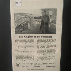 Anuncio de anuncio de suscriptor de American Telephone & Telegraph Kingdom de colección de 1916 - Imagen 1 de 2
