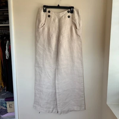 Brora Swan Weave Linen Trousers Cream Double Button High Rise Wide Leg Sz 10 - Image 1 of 4