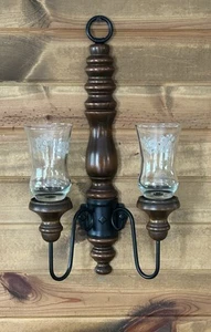 VTG HOMCO Wood & Metal Double Candle Holder Wall Sconce 17” W/Glass Peg Cups - Picture 1 of 12