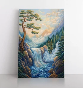Impresión de pintura de cascada de montaña serena sobre lienzo enmarcado arte de pared decoración de naturaleza - Imagen 1 de 15