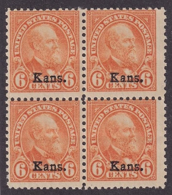MATT'S STAMPS SCOTT #664 JAMES GARFIELD 6-CENT KANSAS OVPR BLOCK OF 4 MNH CV$200 - Image 1 of 3