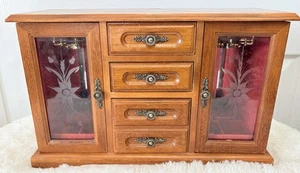 Vintage Large Wooden Jewelry Box Red Velvet Lined Drawers Etched Glass Doors - Picture 1 of 7