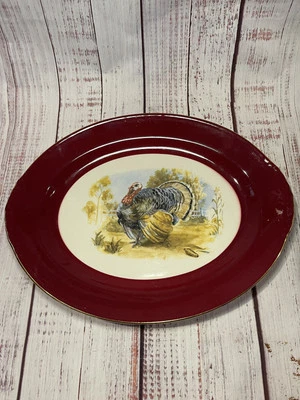 Vintage Homer Laughlin 15" Thanksgiving Turkey Platter with Maroon Rim 15” X 12” - Image 1 of 4