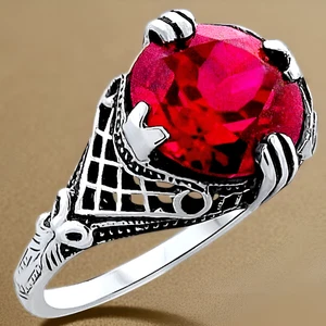 ANTIQUE STYLE 925 STERLING SILVER 5 CARAT LAB-CREATED RUBY FILIGREE RING 354Z - Picture 1 of 3