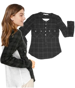 ULLA JOHNSON Womens 6 Forest Plaid MIXED MEDLEY HENLEY BLOUSE Silk Back - Picture 1 of 4