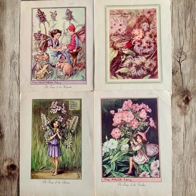 Set of 4 Vintage Flowers Fairies Book Illustrations Prints Double Sided Pictures — 第 1/2 张图片