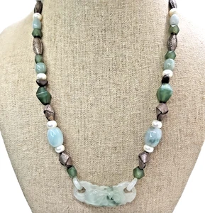 Carved Pale Green Jade Jadeite Emerald & Pearl Necklace - Picture 1 of 5