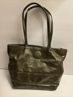 Coach Stitched Sig C Metallic Gray Patent Leather Stripe Tote E1093-F15142  - Image 1 of 4