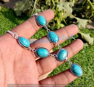 Turquoise Gemstone Necklace 18" 925 Sterling Silver Plated Handmade Jewelry - Picture 1 of 4