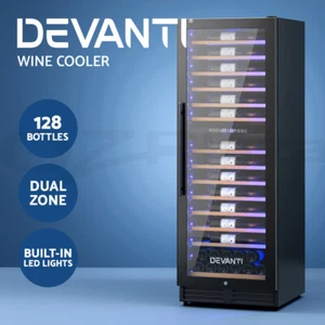 Devanti Wine Fridge Cooler Compressor Dual Zone Cellar Chiller 128 Bottles Black - Picture 1 of 9