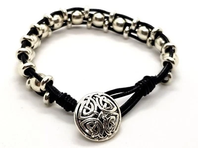Celtic Bracelet Triple Silver Beads Black Genuine Leather Cord Unisex Bohemian - Image 1 of 4